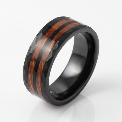 Hammered Tungsten Ring with Charred Whiskey Barrel Wood Guitar String Inlay | Durable Handmade Men Wedding Band ~ Music Lover