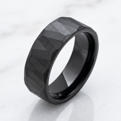 Black Hammered Tungsten Ring | Brushed 8mm Men’s Wedding Band ~ Personalized Alternative Groom Ring with Free Engraving ~ Roc
