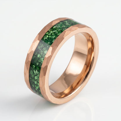 Mens Green Emerald Ring ~ Hammered Tungsten Ring (8mm, 4mm) ~ Rose Gold Wedding Band ~ Emerald Jewelry Gift for Her ~ Modern 