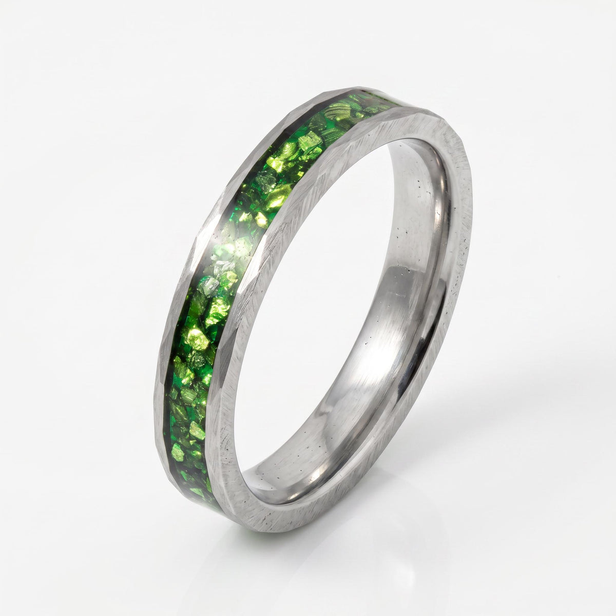 Emerald ring, hammered silver tungsten ring, mens wedding band, womens wedding ring, anniversary gift, comfort fit, 4mm ring,