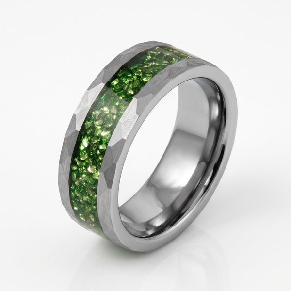 Emerald ring, hammered silver tungsten ring, mens wedding band, womens wedding ring, anniversary gift, comfort fit, 4mm ring,