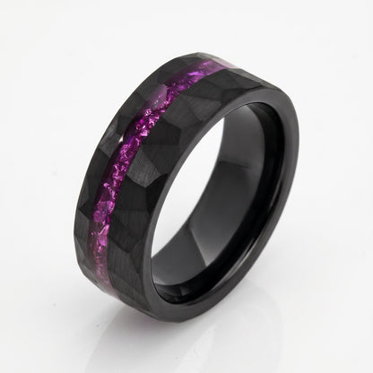 Mens Amethyst Ring ~ Hammered Wedding Bad ~ Unique Promise Ring ~ Elegant Amethyst Jewelry for Engagement, Wedding or Anniver