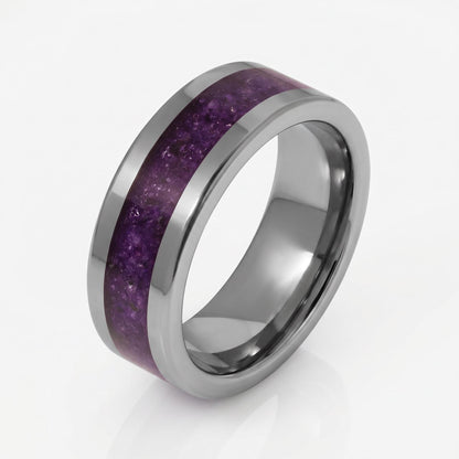 Silver Tungsten Ring with Amethyst | Purple Gemstone Statement Jewelry ~ Durable Everyday Band for Her, Unique Anniversary Gi