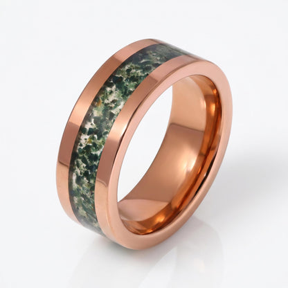 Moss Agate Ring, Rose Gold Tungsten Ring, Rose Gold Wedding Ring, Mens Wedding Band, Womens Ring, Anniversary Ring, Engagemen