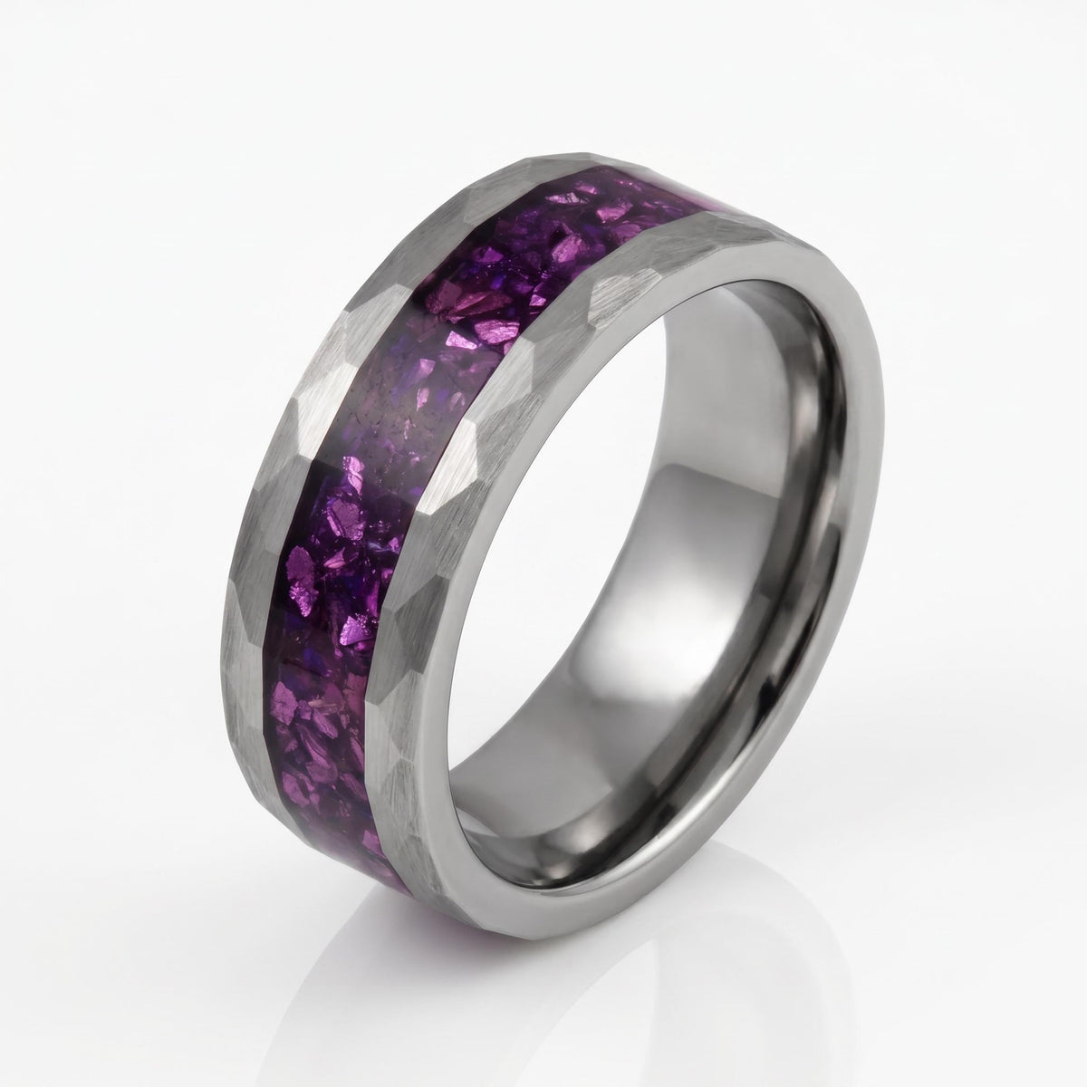 Amethyst Ring, Hammered Tungsten Ring, Hammered Silver Ring, Silver Tungsten Ring, Silver Wedding Ring, Mens Wedding Band, An