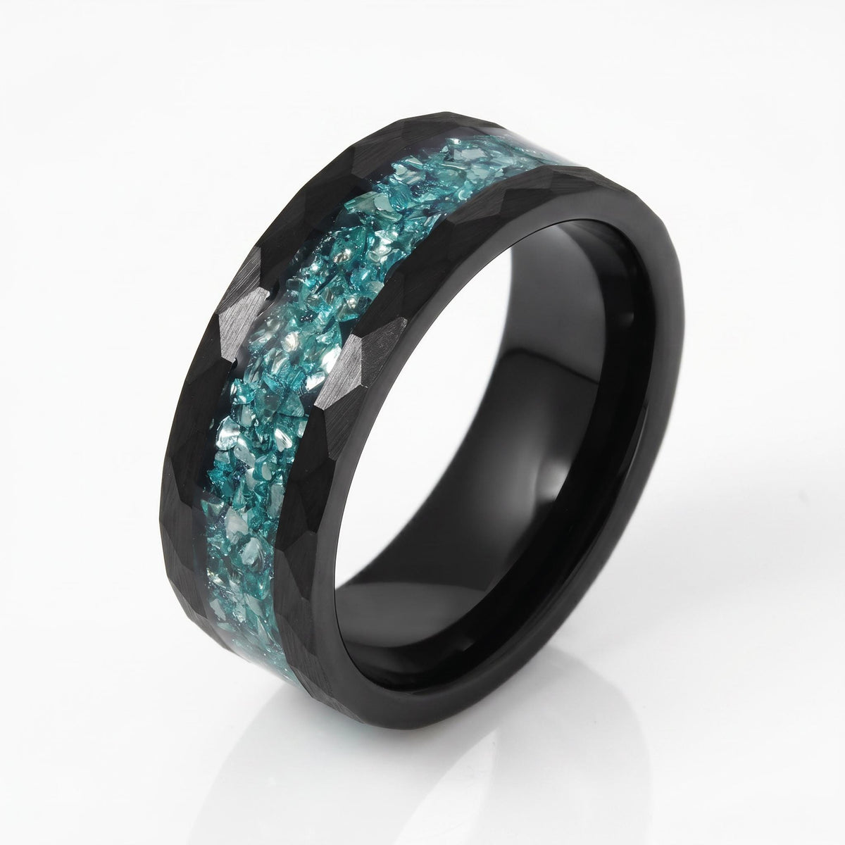 Black Tungsten Carbide Ring with Aquamarine - Hammered Aquamarine Jewelry ~ Aquamarine Wedding Band ~ Cool Festival Jewelry f