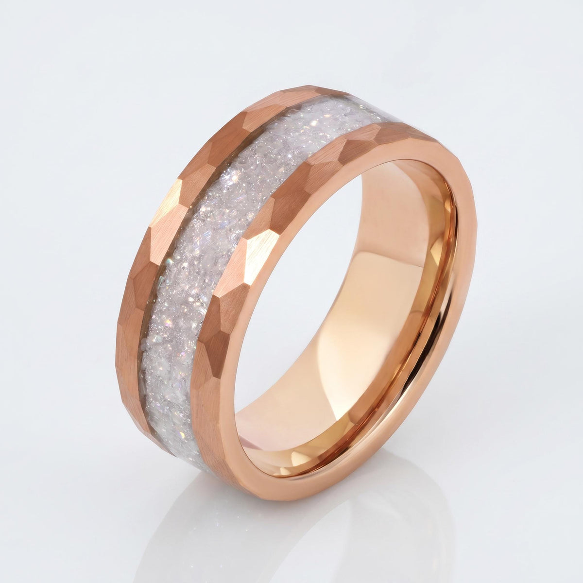 Moonstone Ring, Hammered Tungsten Ring, Hammered Rose Gold Ring, Mens Wedding Band, Womens Ring, Anniversary Ring, Engagement