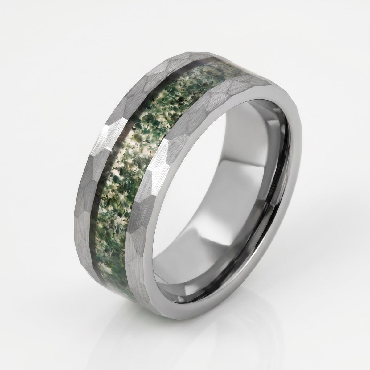 Moss agate ring, hammered silver tungsten ring, mens wedding band, womens wedding ring, anniversary gift, comfort fit, 4mm ri