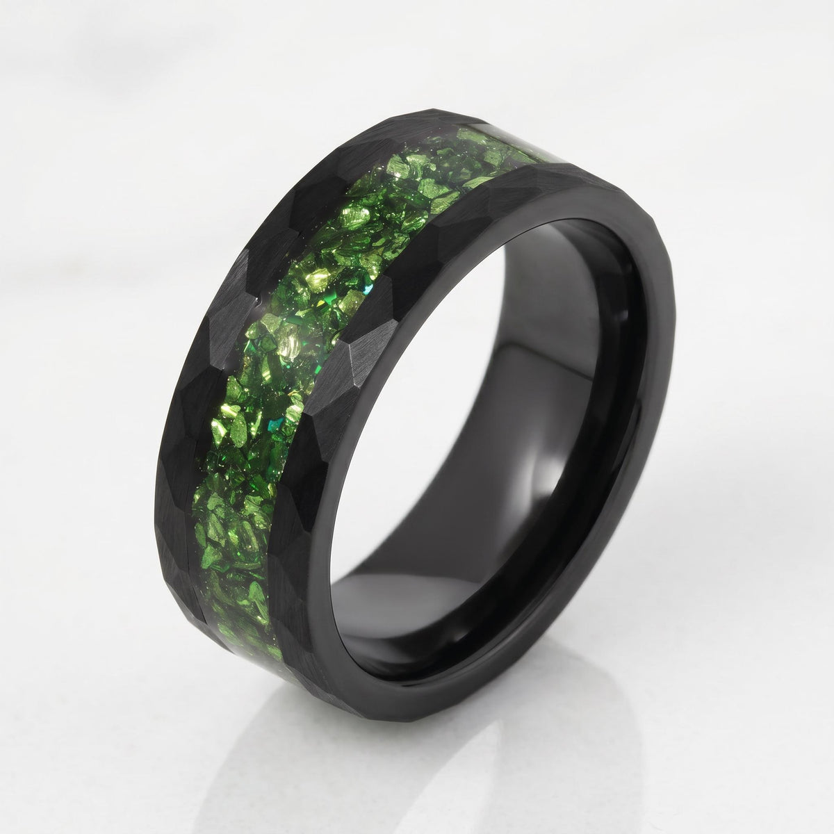 Emerald Ring, Hammered Black Tungsten Ring, Mens Wedding Band, Womens Wedding Ring, Anniversary Gift, Comfort Fit, 4mm, 8mm R
