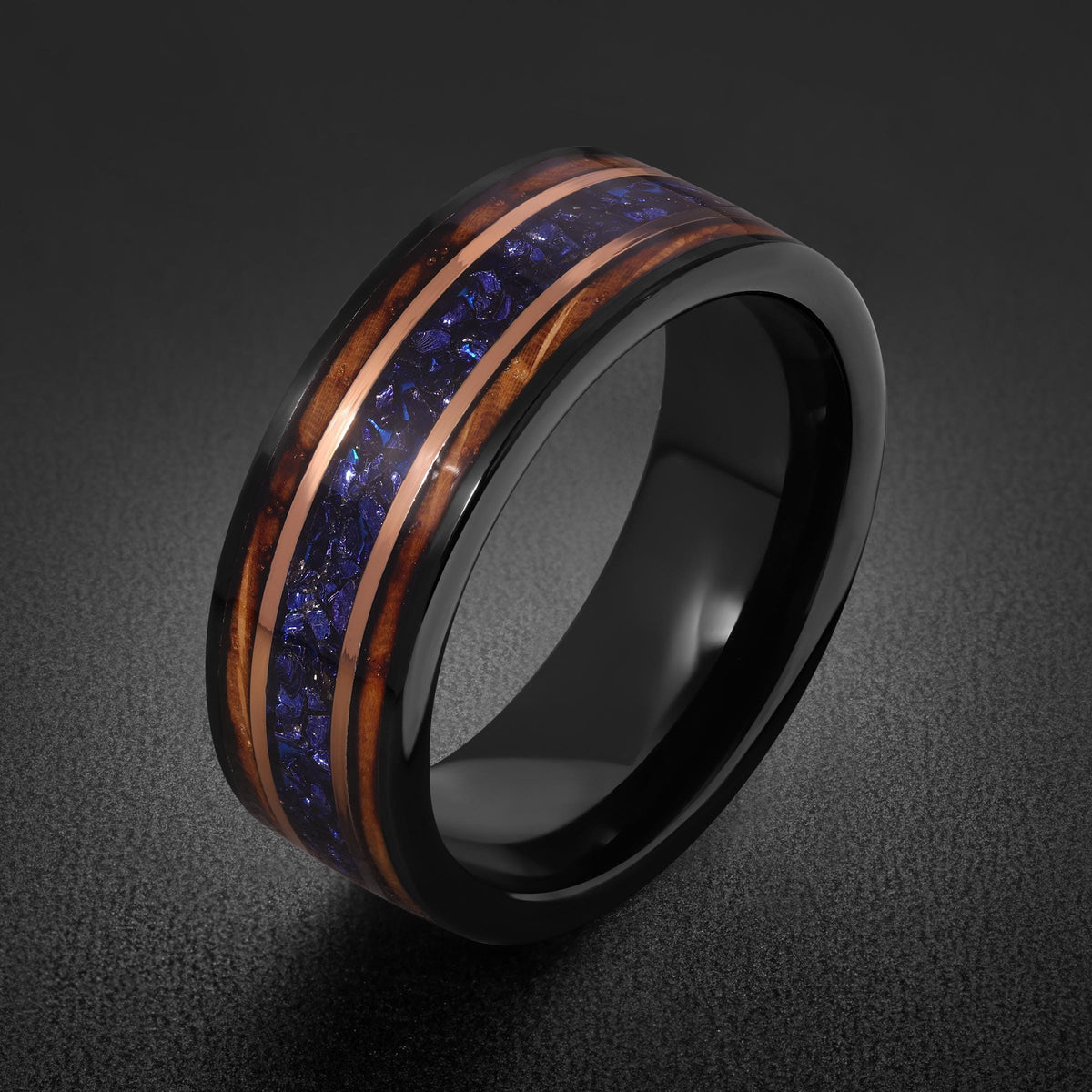 Sapphire Ring for Men with Charred Whiskey Barrel ~ Men Wedding Band ~ Sapphire Wood Inlay Jewelry ~ Men Wedding Ring ~ Sapph