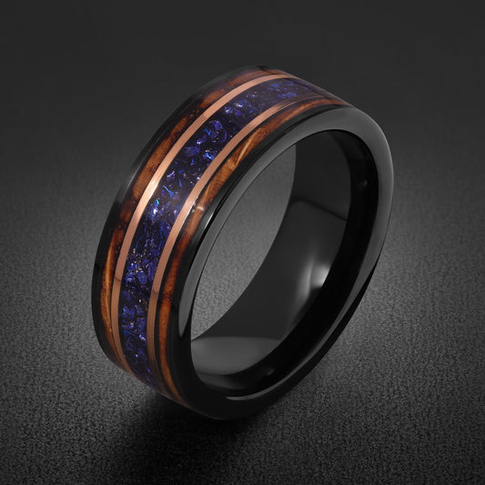 Sapphire Ring for Men with Charred Whiskey Barrel ~ Men Wedding Band ~ Sapphire Wood Inlay Jewelry ~ Men Wedding Ring ~ Sapph
