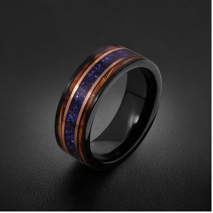 Sapphire Ring for Men with Charred Whiskey Barrel ~ Men Wedding Band ~ Sapphire Wood Inlay Jewelry ~ Men Wedding Ring ~ Sapph