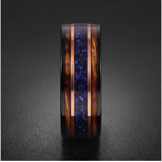 Sapphire Ring for Men with Charred Whiskey Barrel ~ Men Wedding Band ~ Sapphire Wood Inlay Jewelry ~ Men Wedding Ring ~ Sapph