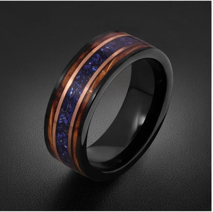 Sapphire Ring for Men with Charred Whiskey Barrel ~ Men Wedding Band ~ Sapphire Wood Inlay Jewelry ~ Men Wedding Ring ~ Sapph