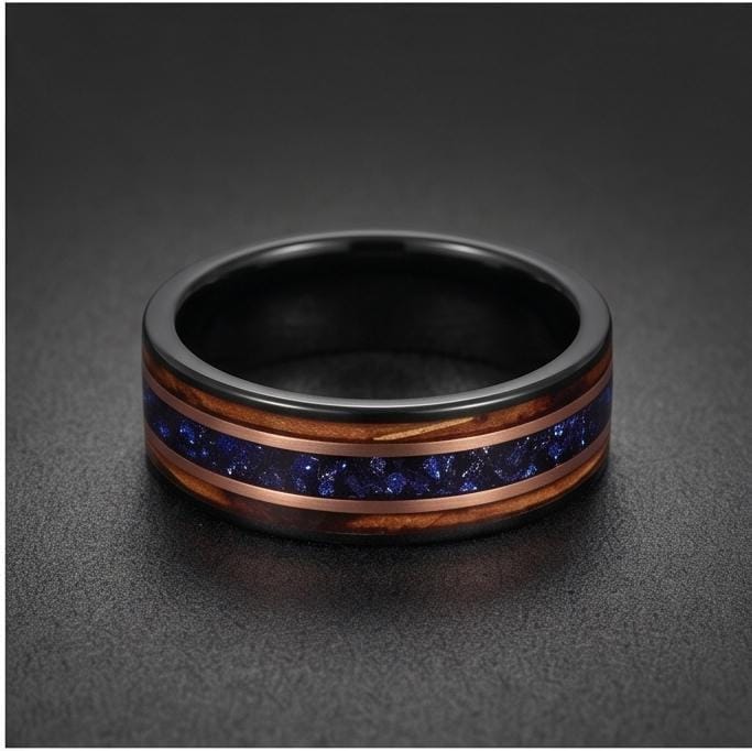 Sapphire Ring for Men with Charred Whiskey Barrel ~ Men Wedding Band ~ Sapphire Wood Inlay Jewelry ~ Men Wedding Ring ~ Sapph
