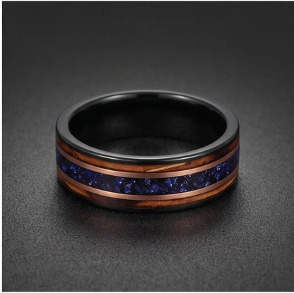 Sapphire Ring for Men with Charred Whiskey Barrel ~ Men Wedding Band ~ Sapphire Wood Inlay Jewelry ~ Men Wedding Ring ~ Sapph