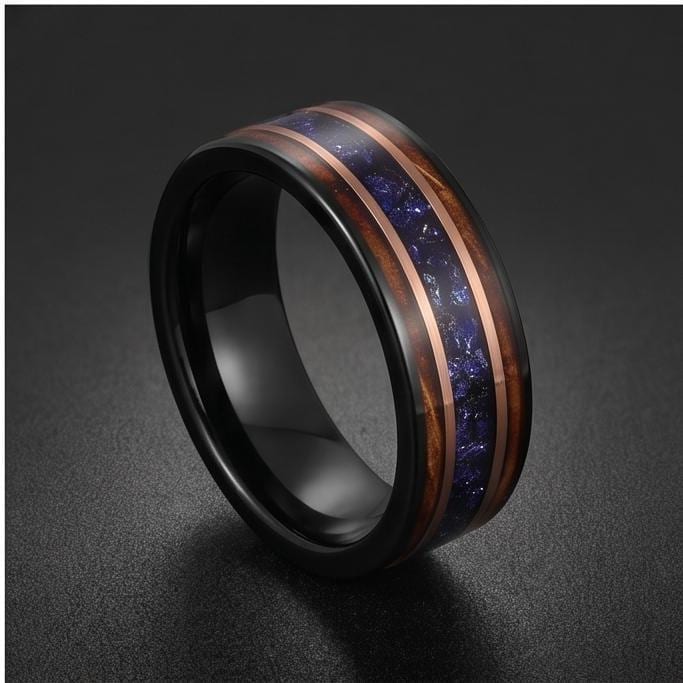 Sapphire Ring for Men with Charred Whiskey Barrel ~ Men Wedding Band ~ Sapphire Wood Inlay Jewelry ~ Men Wedding Ring ~ Sapph