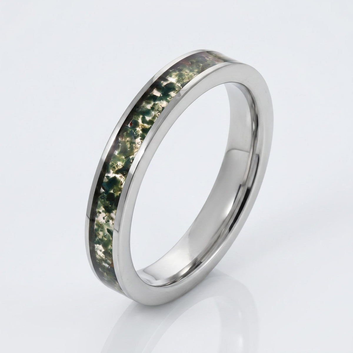 Moss Agate Ring, Silver Tungsten Ring, Silver Wedding Ring, Mens Wedding Band, Womens Ring, Anniversary Ring, Engagement Ring