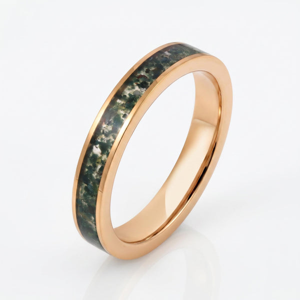 Moss Agate Gold Ring for Men ~ Nature Inspired Wedding Band ~ Green Moss Agate Ring - Unique Handcrafted Tungsten Jewelry Gif