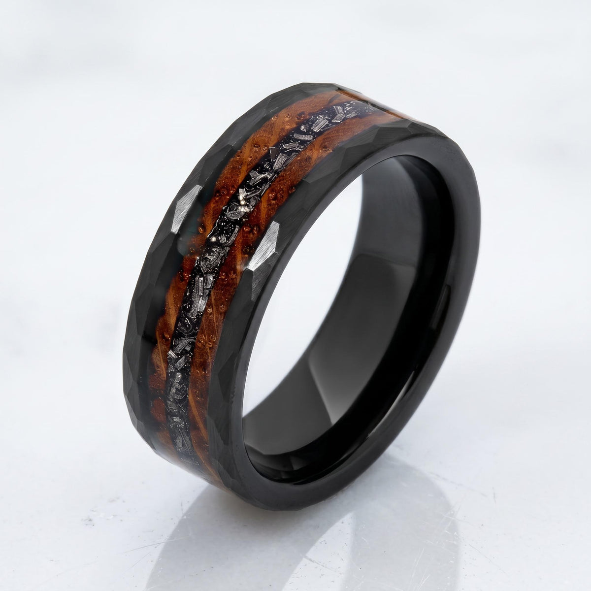 Charred Whiskey Barrel & Meteorite Ring, Hammered Black Tungsten Ring, Black Wedding Ring, Mens Wedding Band, Mens Ring, Anni