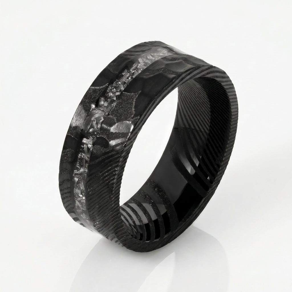 Meteorite Ring, Hammered Damascus Ring, Hammered Black Ring, Black Wedding Ring, Mens Wedding Band, Anniversary Ring, 8mm Rin