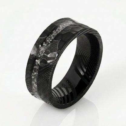 Meteorite Ring, Hammered Damascus Ring, Hammered Black Ring, Black Wedding Ring, Mens Wedding Band, Anniversary Ring, 8mm Rin
