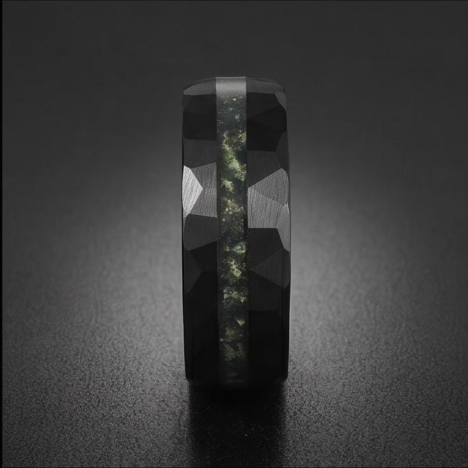Moss Agate Ring, Hammered Tungsten Ring, Hammered Black Ring, Black Wedding Ring, Mens Wedding Band, Mens Ring, Anniversary R