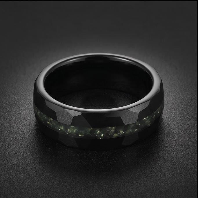 Moss Agate Ring, Hammered Tungsten Ring, Hammered Black Ring, Black Wedding Ring, Mens Wedding Band, Mens Ring, Anniversary R