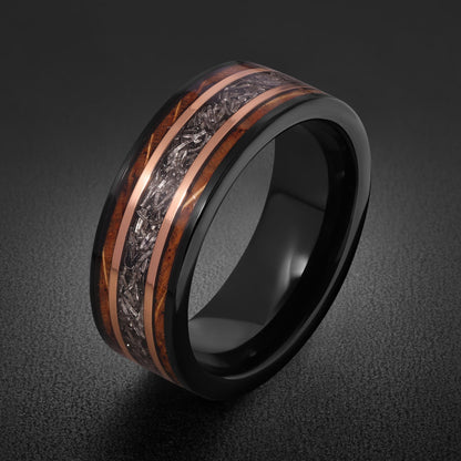 Meteorite Ring with Charred Whiskey Barrel, Black Tungsten Ring, Black Wedding Ring, Mens Wedding Band, Mens Ring, Anniversar