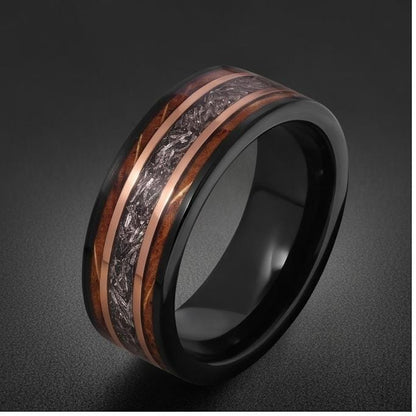 Meteorite Ring with Charred Whiskey Barrel, Black Tungsten Ring, Black Wedding Ring, Mens Wedding Band, Mens Ring, Anniversar