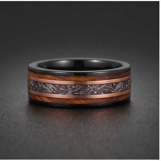 Meteorite Ring with Charred Whiskey Barrel, Black Tungsten Ring, Black Wedding Ring, Mens Wedding Band, Mens Ring, Anniversar