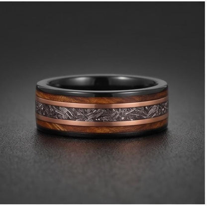 Meteorite Ring with Charred Whiskey Barrel, Black Tungsten Ring, Black Wedding Ring, Mens Wedding Band, Mens Ring, Anniversar
