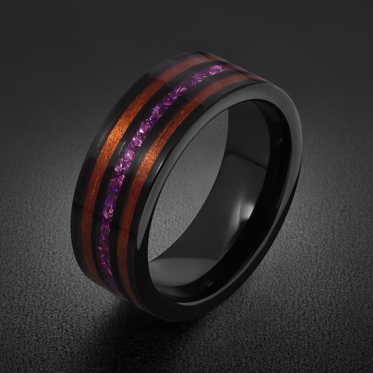Men Black Tungsten Amethyst Ring with Koa Wood Inlay - Men Wedding or Anniversary Ring ~ Amethyst Wood Ring (Engraved & Scrat