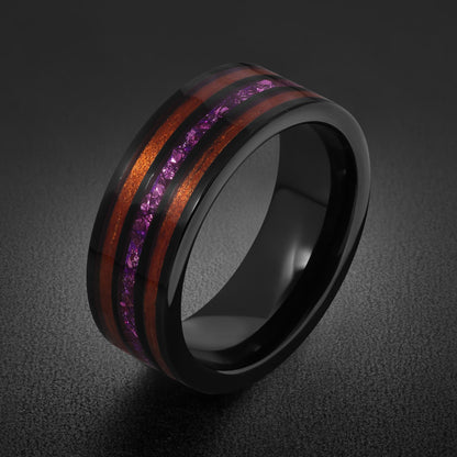 Men Black Tungsten Amethyst Ring with Koa Wood Inlay - Men Wedding or Anniversary Ring ~ Amethyst Wood Ring (Engraved & Scrat