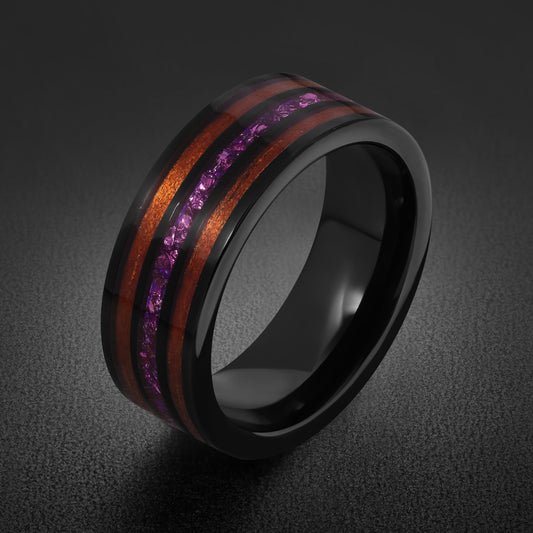 Men Black Tungsten Amethyst Ring with Koa Wood Inlay - Men Wedding or Anniversary Ring ~ Amethyst Wood Ring (Engraved & Scrat