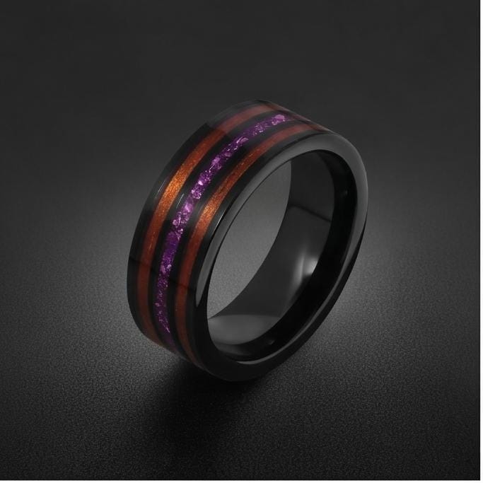Men Black Tungsten Amethyst Ring with Koa Wood Inlay - Men Wedding or Anniversary Ring ~ Amethyst Wood Ring (Engraved & Scrat