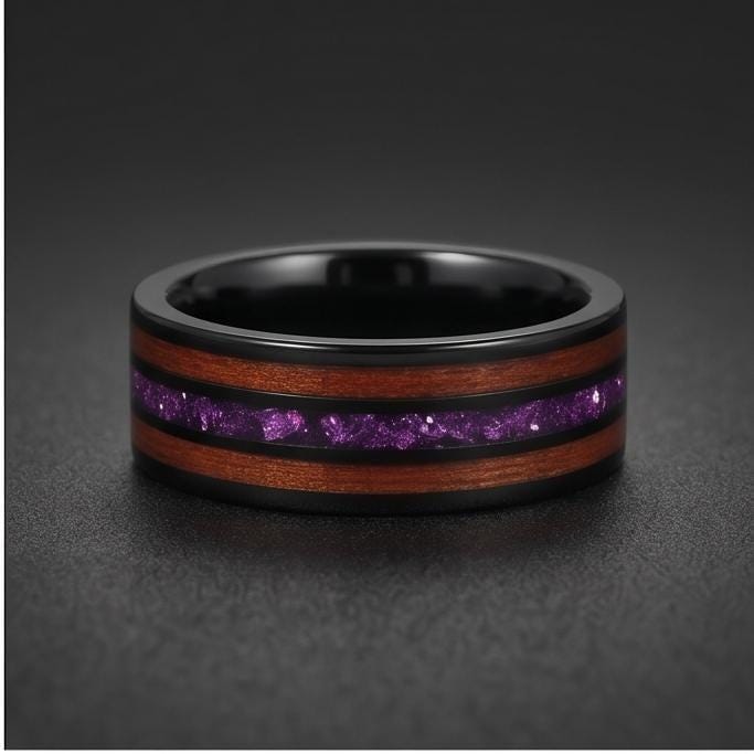 Men Black Tungsten Amethyst Ring with Koa Wood Inlay - Men Wedding or Anniversary Ring ~ Amethyst Wood Ring (Engraved & Scrat