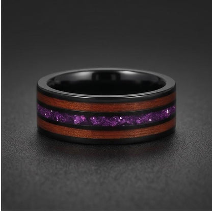 Men Black Tungsten Amethyst Ring with Koa Wood Inlay - Men Wedding or Anniversary Ring ~ Amethyst Wood Ring (Engraved & Scrat