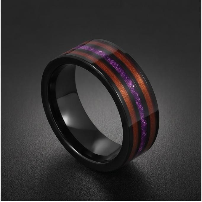 Men Black Tungsten Amethyst Ring with Koa Wood Inlay - Men Wedding or Anniversary Ring ~ Amethyst Wood Ring (Engraved & Scrat
