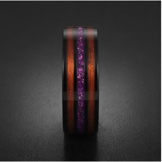 Men Black Tungsten Amethyst Ring with Koa Wood Inlay - Men Wedding or Anniversary Ring ~ Amethyst Wood Ring (Engraved & Scrat