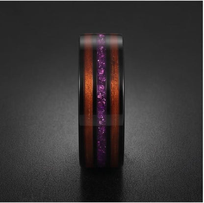 Men Black Tungsten Amethyst Ring with Koa Wood Inlay - Men Wedding or Anniversary Ring ~ Amethyst Wood Ring (Engraved & Scrat