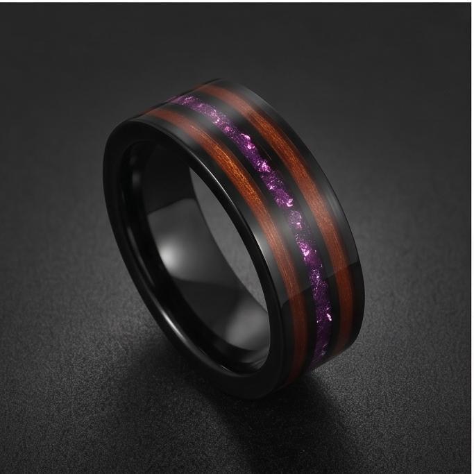 Men Black Tungsten Amethyst Ring with Koa Wood Inlay - Men Wedding or Anniversary Ring ~ Amethyst Wood Ring (Engraved & Scrat