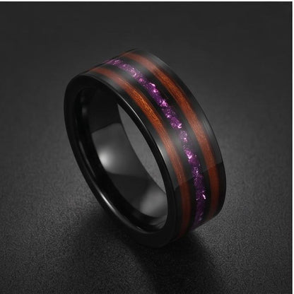 Men Black Tungsten Amethyst Ring with Koa Wood Inlay - Men Wedding or Anniversary Ring ~ Amethyst Wood Ring (Engraved & Scrat