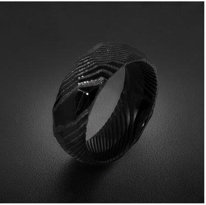 Hammered Black Damascus Ring for Men | Wavy Pattern Statement Ring ~ Mens Black Wedding Band ~ Hammered Black Ring ~ Festival