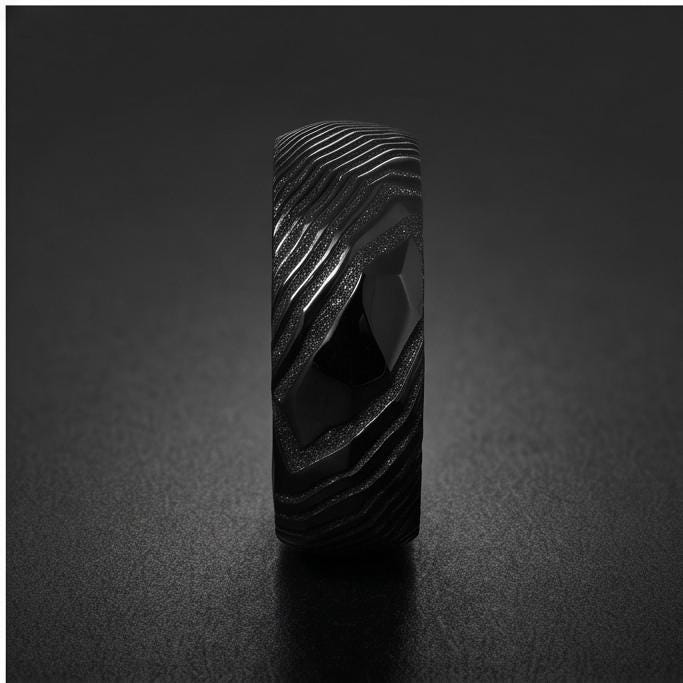 Hammered Black Damascus Ring for Men | Wavy Pattern Statement Ring ~ Mens Black Wedding Band ~ Hammered Black Ring ~ Festival