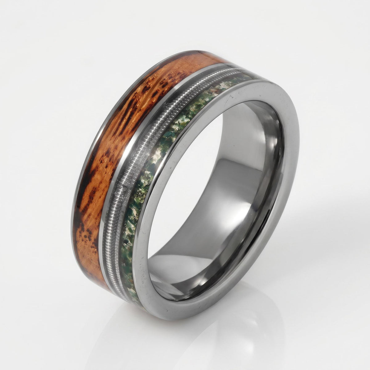 Men's Silver Tungsten Ring with Moss Agate | Whiskey Barrel Wood Guitar String Inlay ~ 8mm Wedding Band for Musician Gift