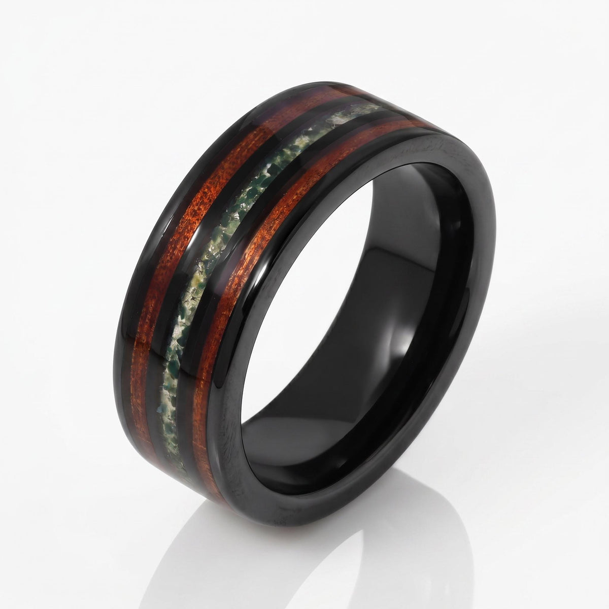 Men's Black Tungsten Ring with Moss Agate Koa Wood Inlay | 8mm Durable Men Wedding Band ~ Nature Inspired Gift for Him ~ 