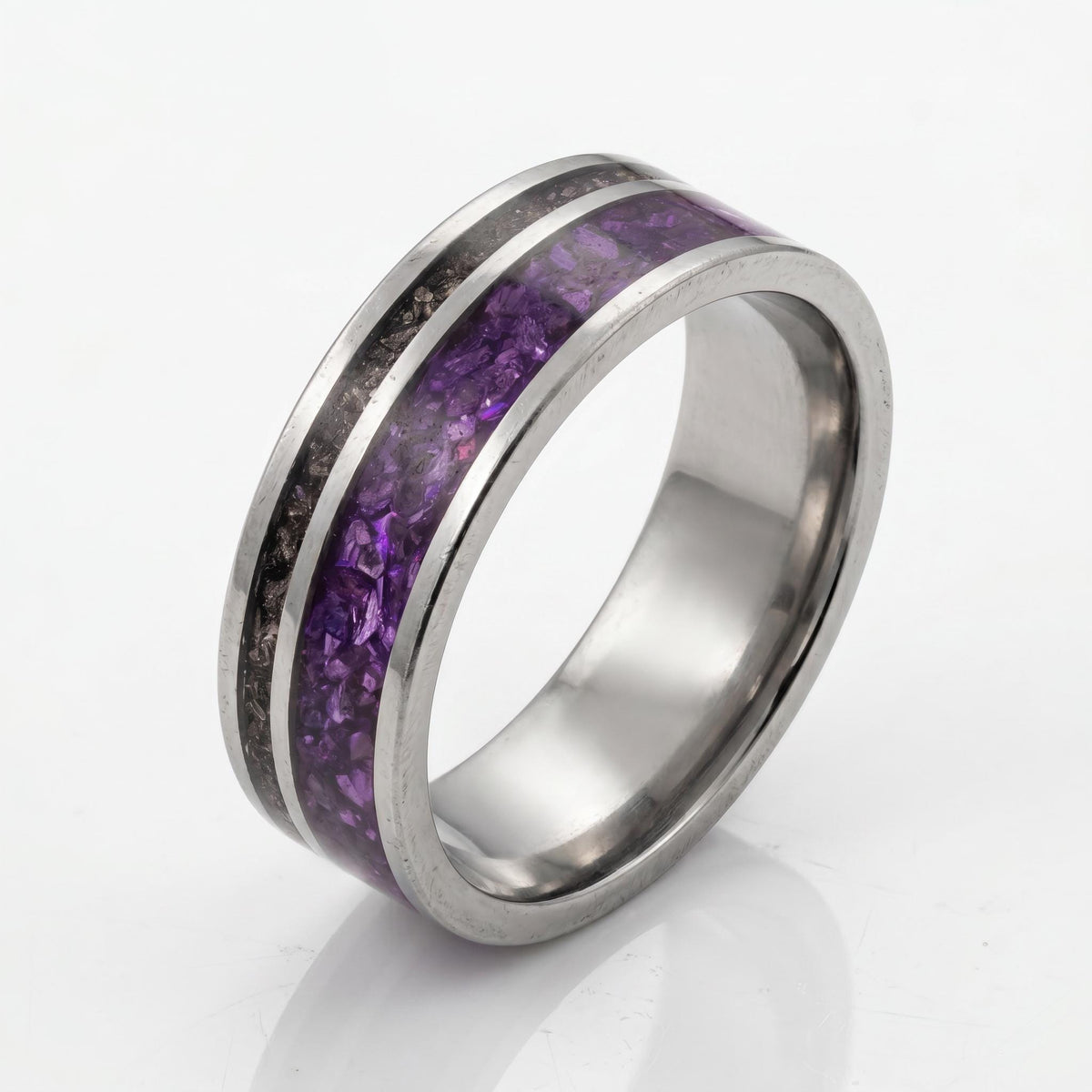Tungsten Amethyst Meteorite Mens Ring ~ 8mm Silver Wedding Band ~ Purple Gem Ring for Him Anniversary Gift ~ Tungsten Men Pro