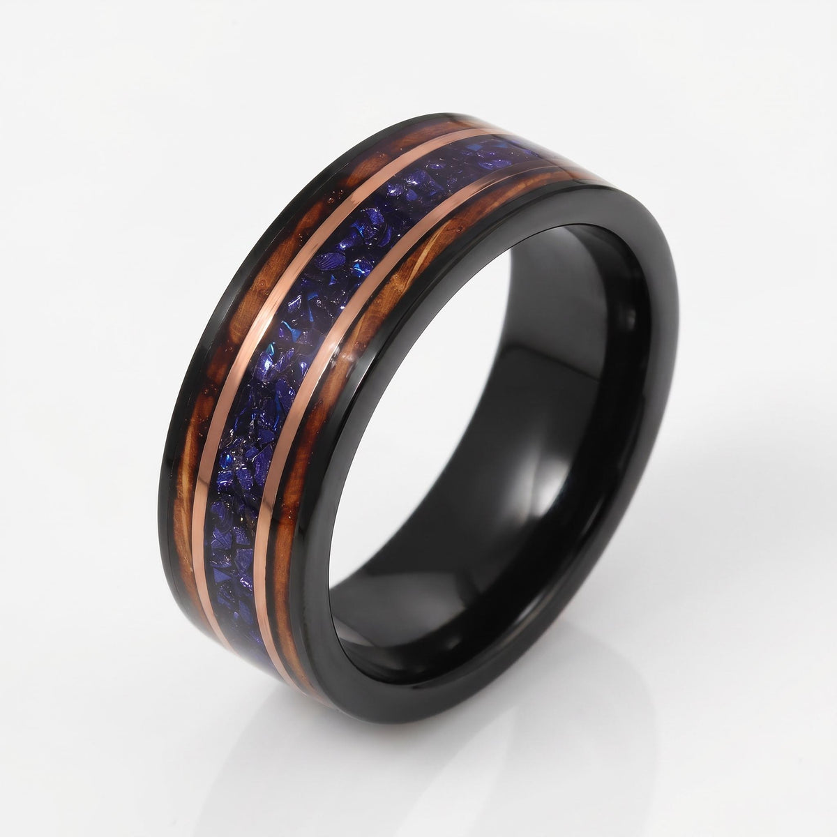 Sapphire Ring for Men with Charred Whiskey Barrel ~ Men Wedding Band ~ Sapphire Wood Inlay Jewelry ~ Men Wedding Ring ~ Sapph