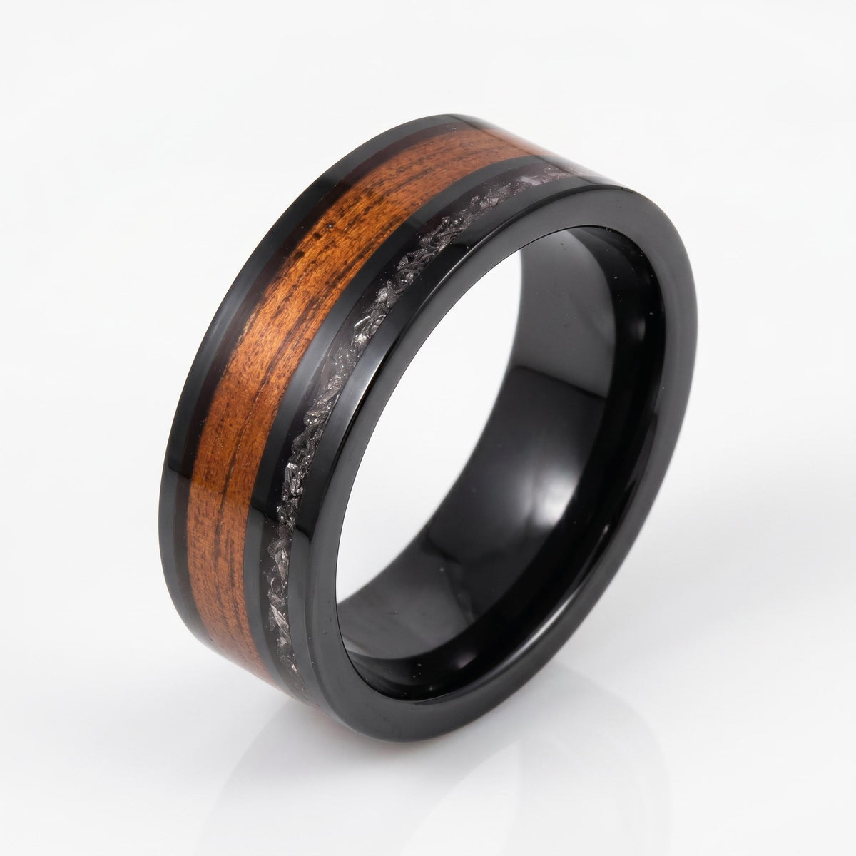 Men Black Tungsten Carbide Ring with Meteorite & Koa Wood ~ Modern Nature Groom Wedding Band ~ Earthy Wedding Anniversary Gif